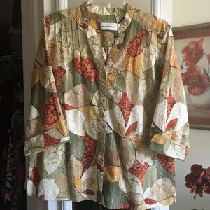 Alfred Dunner Sz 18 Button Down Top Mid-Length Cuff Sleeve & Gold Thread Accents